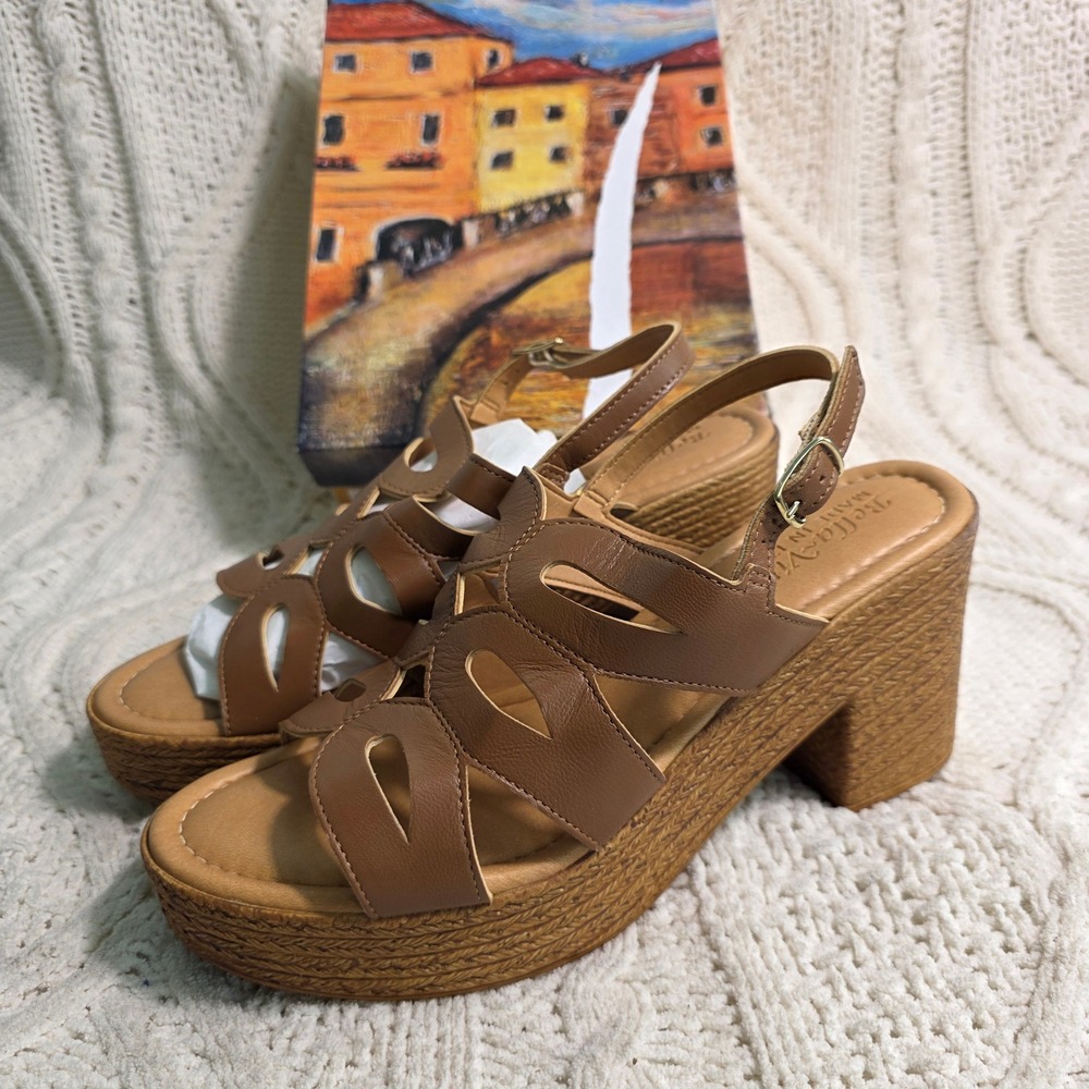 Bella Vita Pri-Italy Whiskey‎ Brown Leather Platform Wedge Sandals Womens 9N New